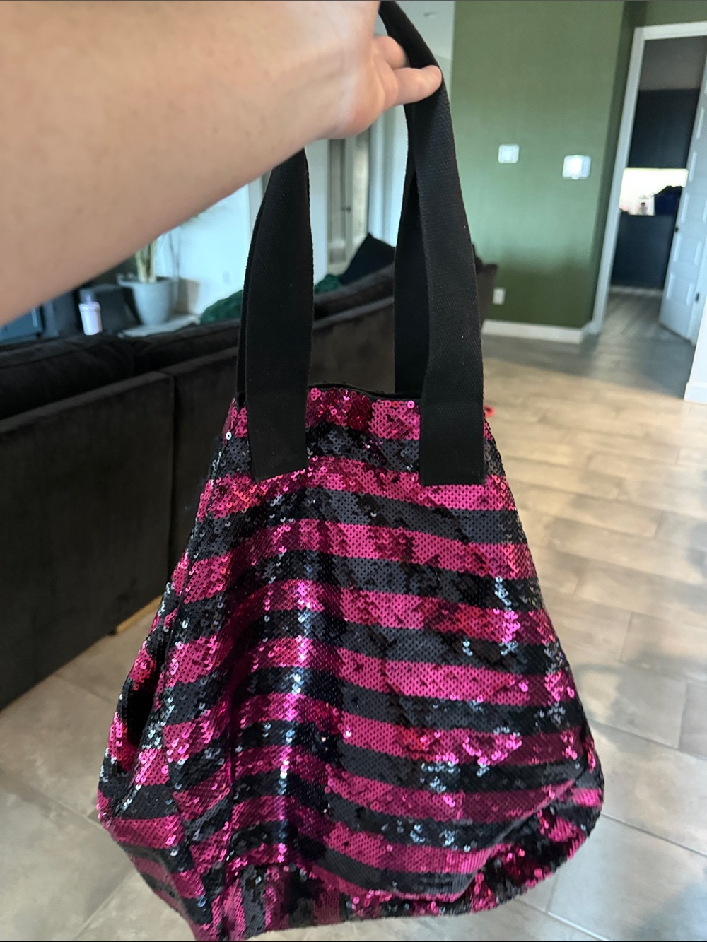 PINK Victoria's Secret Hot Pink and Black Sequin Stripe Tote - Picture 3 of 5